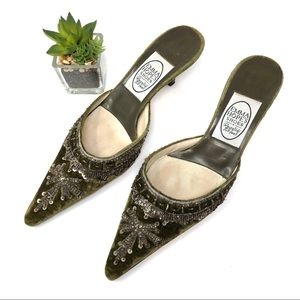 Emma Hope Velvet Sequin Kitten Heel Mules